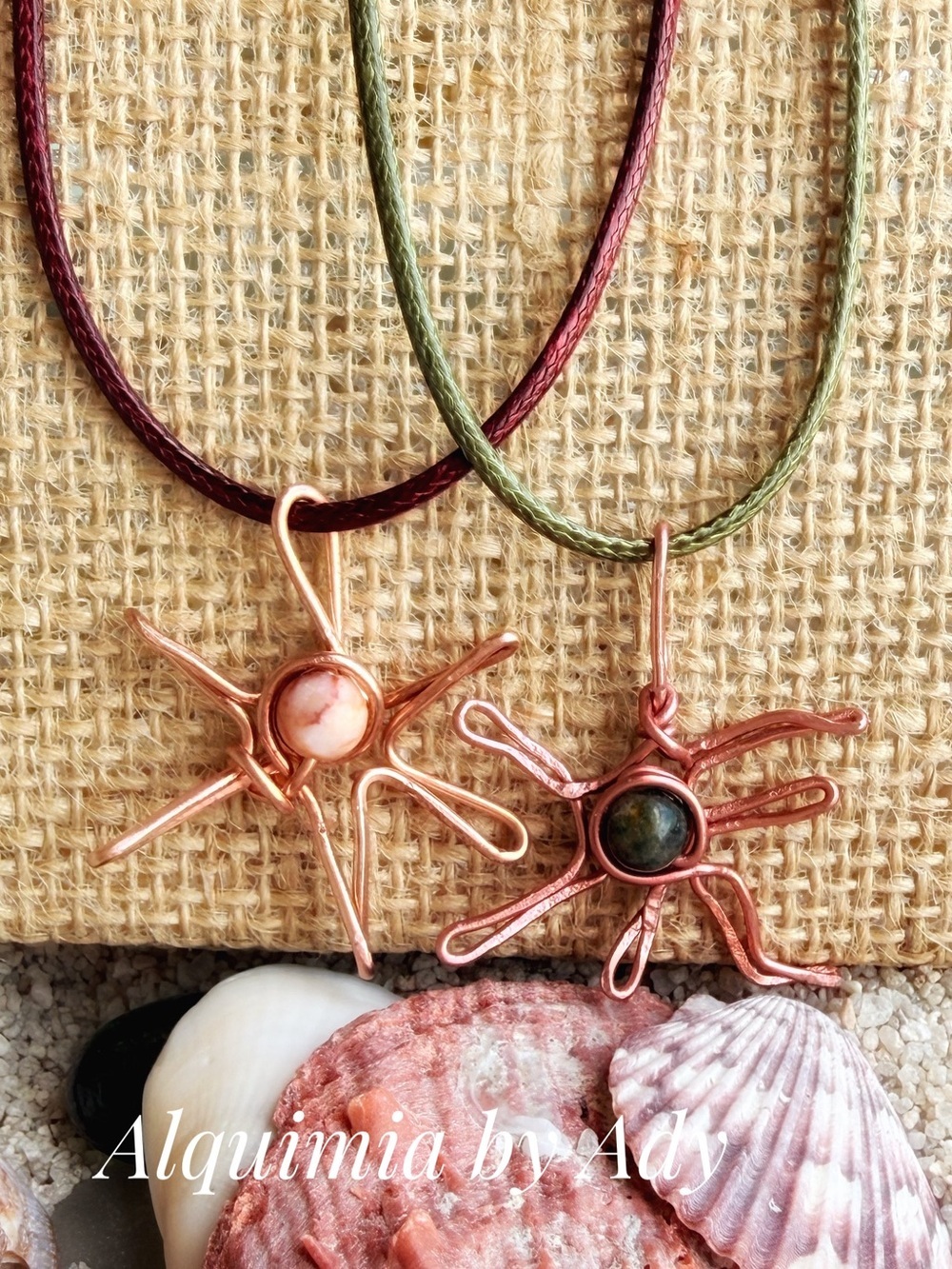 Copper Starburst Pendant Necklaces in Green and Pink gemstones Accents